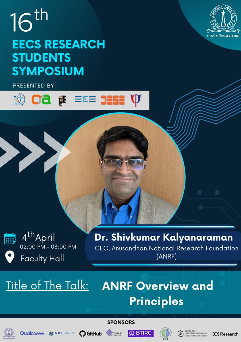 EECS @ IISc, Bengaluru (@eecsiisc) on Twitter photo ๐๐ฅ๐๐ง๐๐ซ๐ฒ ๐ญ๐๐ฅ๐ค ๐๐ฒ ๐๐ซ ๐๐ก๐ข๐ฏ๐ค๐ฎ๐ฆ๐๐ซ ๐๐๐ฅ๐ฒ๐๐ง๐๐ซ๐๐ฆ๐๐ง
This talk will outline principles & high level approaches that ANRF will consider to driving collaborations & co investments across stakeholders.
eecs.iisc.ac.in/EECS2025/
forms.office.com/r/WwYAxtyYWc ๐๐ฅ๐๐ง๐๐ซ๐ฒ ๐ญ๐๐ฅ๐ค ๐๐ฒ ๐๐ซ ๐๐ก๐ข๐ฏ๐ค๐ฎ๐ฆ๐๐ซ ๐๐๐ฅ๐ฒ๐๐ง๐๐ซ๐๐ฆ๐๐ง
This talk will outline principles & high level approaches that ANRF will consider to driving collaborations & co investments across stakeholders.
eecs.iisc.ac.in/EECS2025/
forms.office.com/r/WwYAxtyYWc