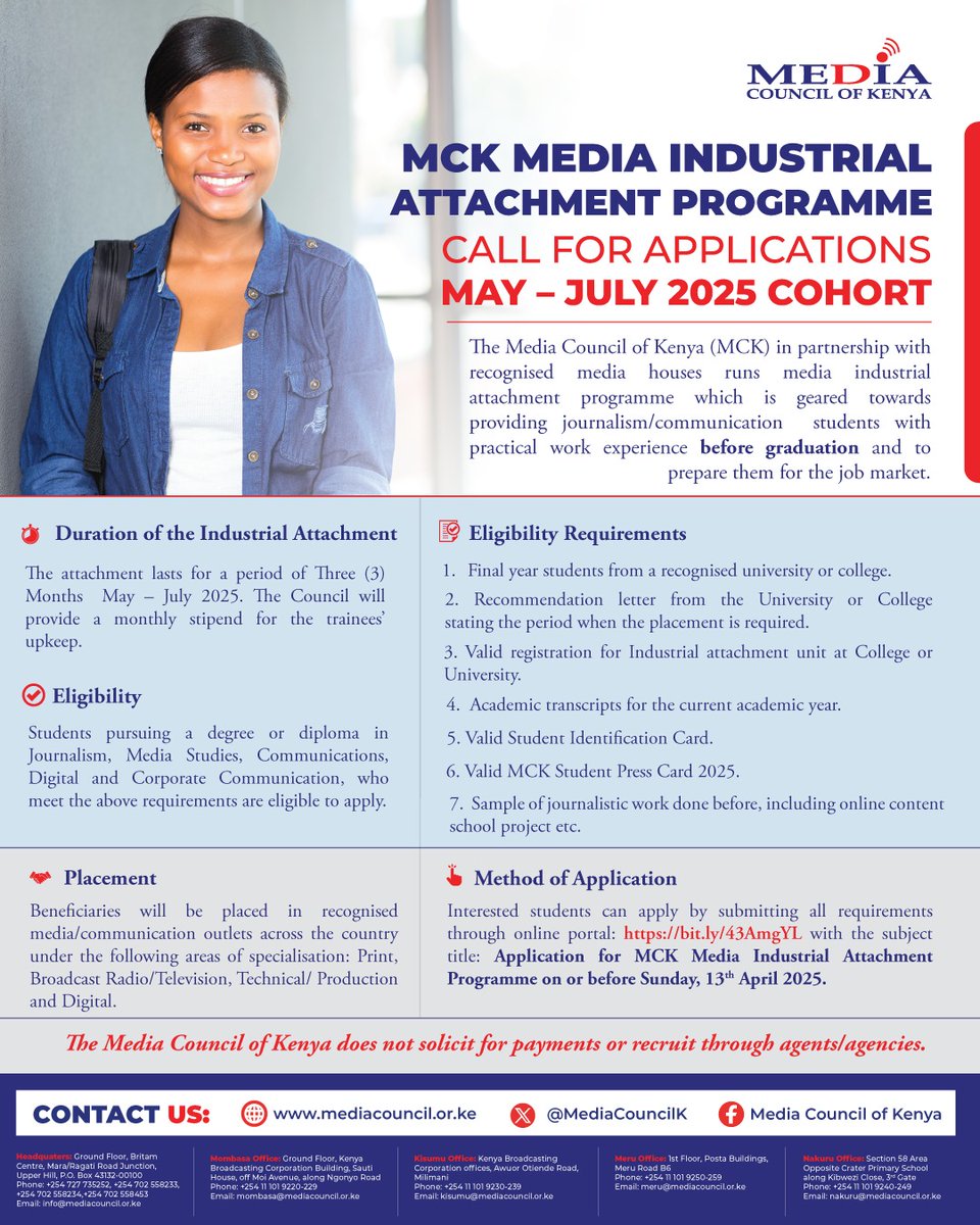 Macharia Wangui (@princewangui) on Twitter photo ATTENTION!
Attachment opportunities available, tell your brother, sister, friend or girlfriends to apply. <a href="/MMaraUniversity/">MaasaiMaraUniversity</a> <a href="/multimedia_uni/">Multimedia University of Kenya</a> ATTENTION!
Attachment opportunities available, tell your brother, sister, friend or girlfriends to apply. <a href="/MMaraUniversity/">MaasaiMaraUniversity</a> <a href="/multimedia_uni/">Multimedia University of Kenya</a>