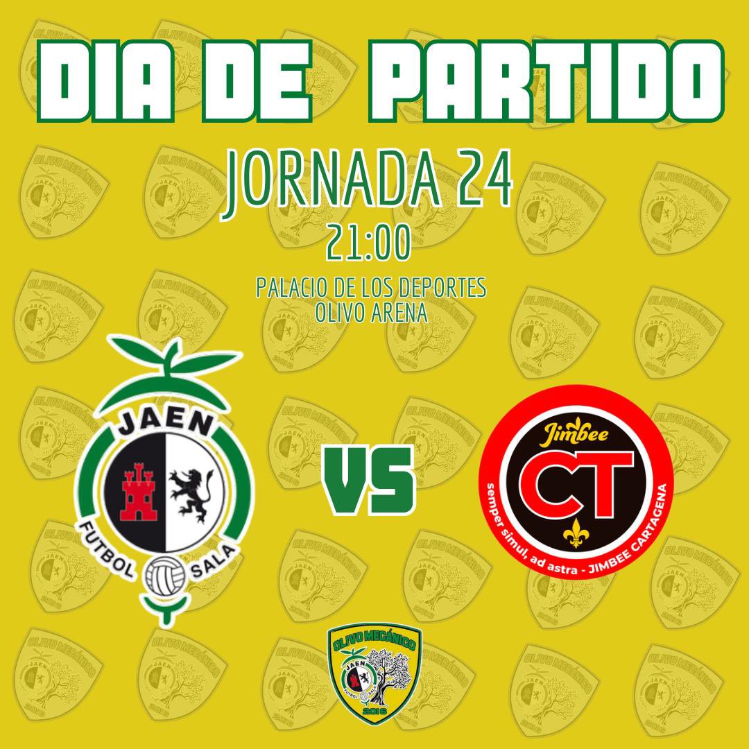 Olivo Mecánico (@olivomecanico) on Twitter photo 💛DIA DE PARTIDO💚
✅ Partidazo en el OLIVO ARENA, importante para volver a la senda de la victoria
🕓21:00
🏟️ Palacio de los Deportes Olivo Arena
<a href="/JaenFS/">Jaén Paraíso Interior FS</a> 🆚 <a href="/JimbeeCartagena/">Jimbee Cartagena Costa Cálida</a>
📺<a href="/fef_tv/">FEF_TV</a> 💛DIA DE PARTIDO💚
✅ Partidazo en el OLIVO ARENA, importante para volver a la senda de la victoria
🕓21:00
🏟️ Palacio de los Deportes Olivo Arena
<a href="/JaenFS/">Jaén Paraíso Interior FS</a> 🆚 <a href="/JimbeeCartagena/">Jimbee Cartagena Costa Cálida</a>
📺<a href="/fef_tv/">FEF_TV</a>