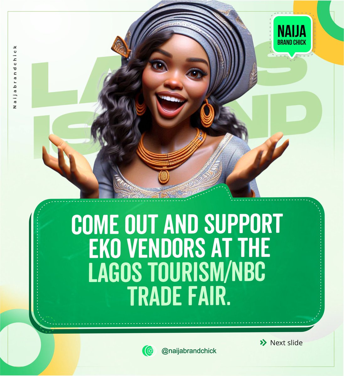 COME OUT AND SUPPORT EKO VENDORS AT THE LAGOS TOURISM/NBC TRADE FAIR. 

2018 was the first time I picked the courage to host a trade fair for SMEs.

See me oh! 

I had only 50k followers on IG.
My Facebook wasn't giving at all.
My digital prints weren't as robust as they are now.