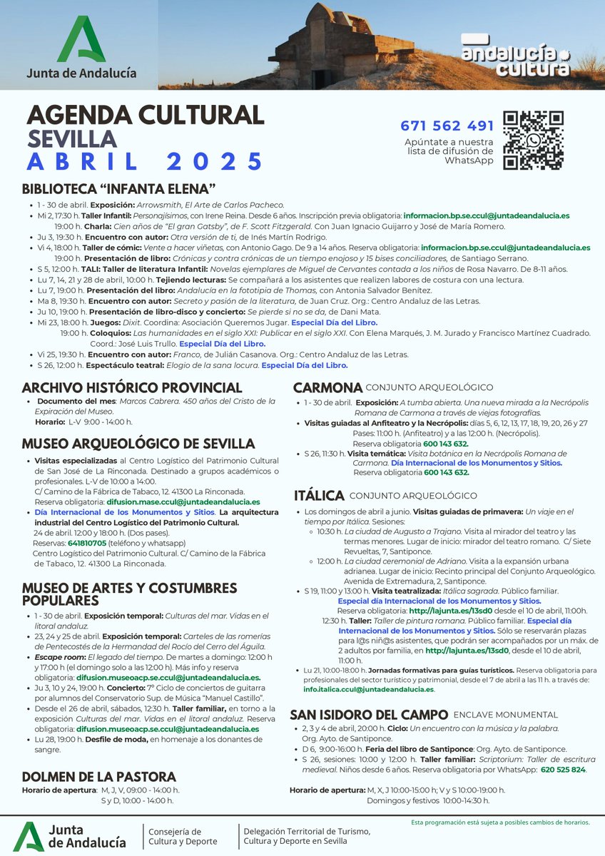 ahpsevilla's tweet image. PROGRAMACIÓN CULTURAL 
Compartimos la #programacióncultural de #abril2025, con las actividades organizadas por los centros dependientes de la Delegación Territorial de Turismo, Cultura y Deporte  en #Sevilla.
¿Se las van a perder?

Lista de distribución: 671 56 24 91
#CulturaAND