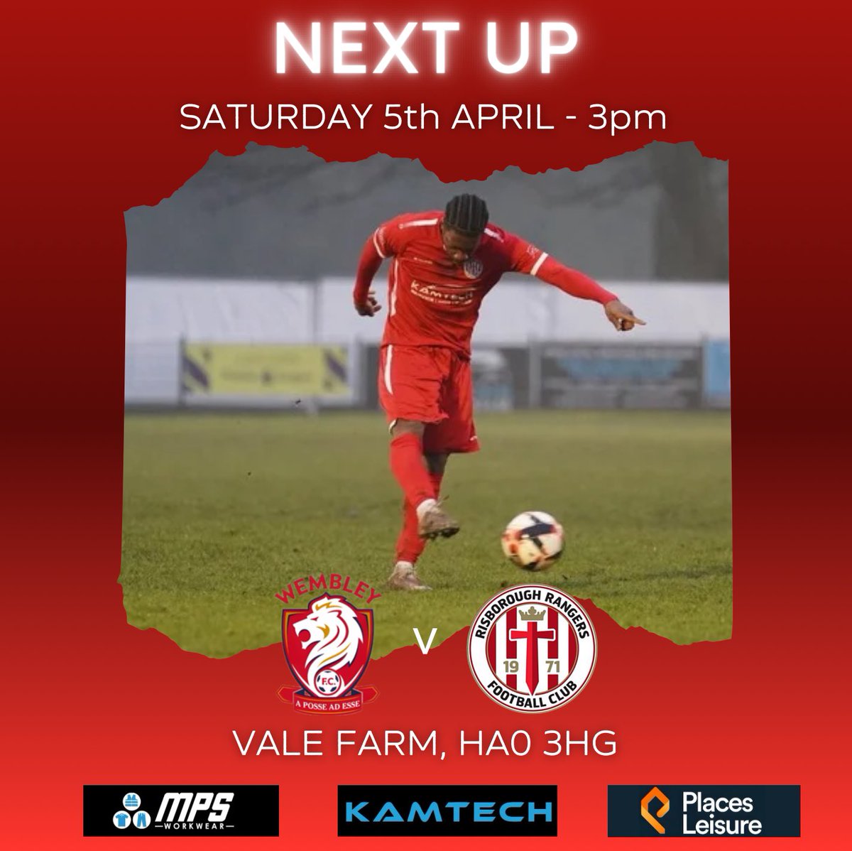 ⚽️ NEXT UP

🚗 On the road vs <a href="/WembleyFC/">Wembley FC</a> 
📅 Sat 5th April 🕒 3pm
🏟️ Vale Farm, HA0 3HG

#uptheris