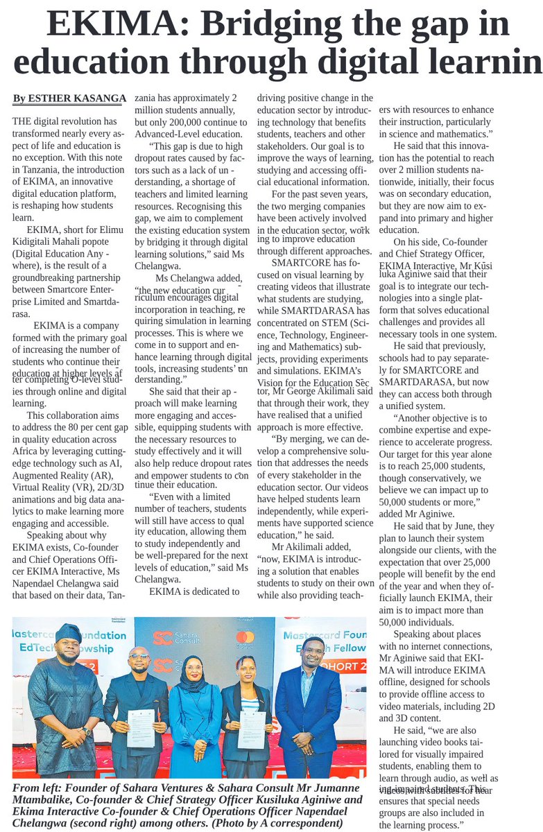 EKIMA Featured in THE DAILY NEWS: 📰

The feature explores our mission to address Africa's staggering 80% quality education gap. In Tanzania alone, only 200,000 of 2 million Ordinary-level students annually continue to Advanced-Level education. 🌍