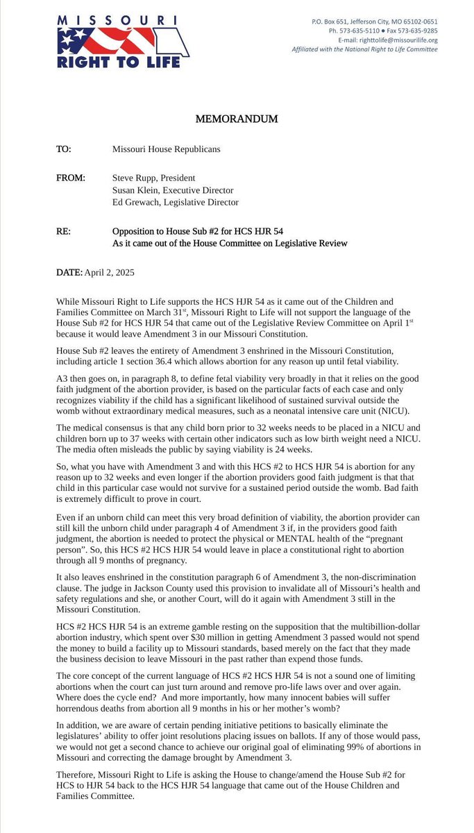 Please read the memo below for an update, and what Missouri Right to Life is asking the Missouri House of Representatives, controlled by a Republican majority, to do to actually REPEAL and REPLACE Amendment 3.

🚨Go back to the HCS HJR54 and truly Repeal and Replace Amendment 3.