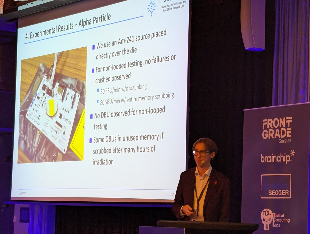 FlorianWoh's tweet image. Wow!! Chris from @usask talk about the work he is doing with Prof. Li at the Star lab, building radiation hardened IP based on #OpenHW Core-V-MCU platform using #CV32E40P inside, lovely 😍