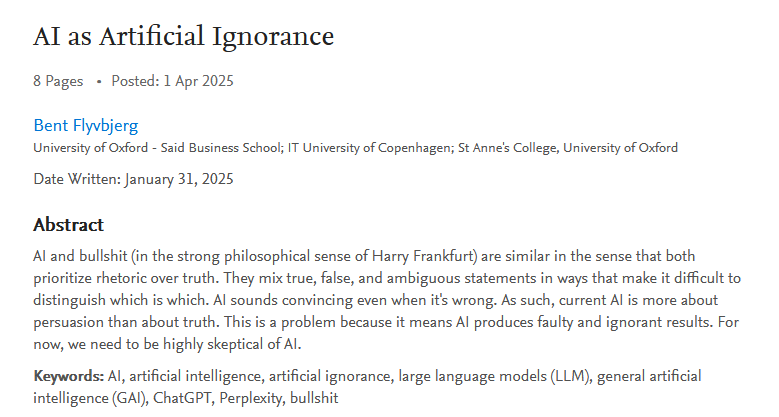 "La IA sona convincent fins i tot quan està malament. Com a tal, la IA actual (generativa) tracta més de la persuasió que de la veritat" - això no sortirà a les notícies però és un problema major i el que fa que actualment estiguem en un cercle viciós

👉 papers.ssrn.com/sol3/papers.cf…