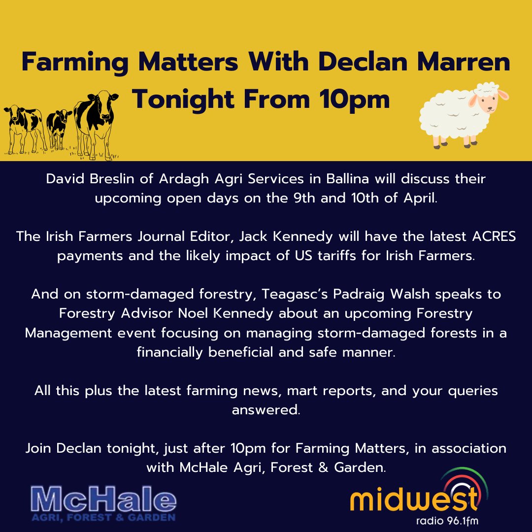 Tune in tonight from 10 pm to another action packed Farming Matters.

With the good weather and lambing season in full swing <a href="/MarrenDeclan/">Declan Marren</a> will be on hand to answer all your farming questions.

All in association with McHale Agri,Forest &amp; Garden