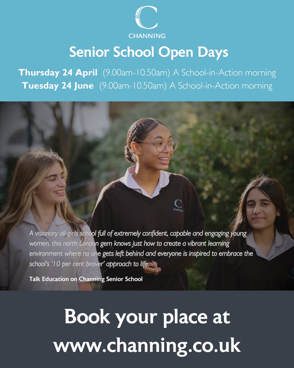 ChanningSchool's tweet image. Join us for our Senior School 'School-in-Action' Open Mornings! Meet our Headmistress, tour our state-of-the-art facilities with current pupils, and discover what makes Channing unique. Book your place now: channing.co.uk/admissions/ope…