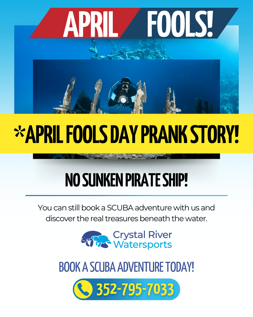 CRW_Florida's tweet image. 🏴‍☠️ #APRILFOOLS! 🏴‍☠️ Sorry, no pirate ship or hidden treasure was actually discovered in #KingsBay… but don’t worry! You can still book a #ScubaAdventure with us and discover the real treasures of #CrystalRiver.

Call: 352-795-7033
Book now: crystalriverwatersports.com/group/scuba-ad…