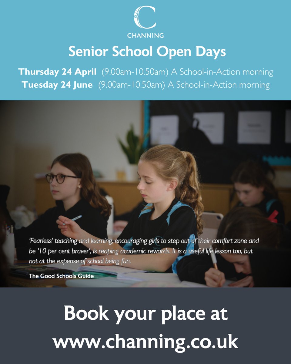 ChanningSchool's tweet image. Join us for our Senior School 'School-in-Action' Open Mornings! Meet our Headmistress, tour our state-of-the-art facilities with current pupils, and discover what makes Channing unique. Book your place now: channing.co.uk/admissions/ope…