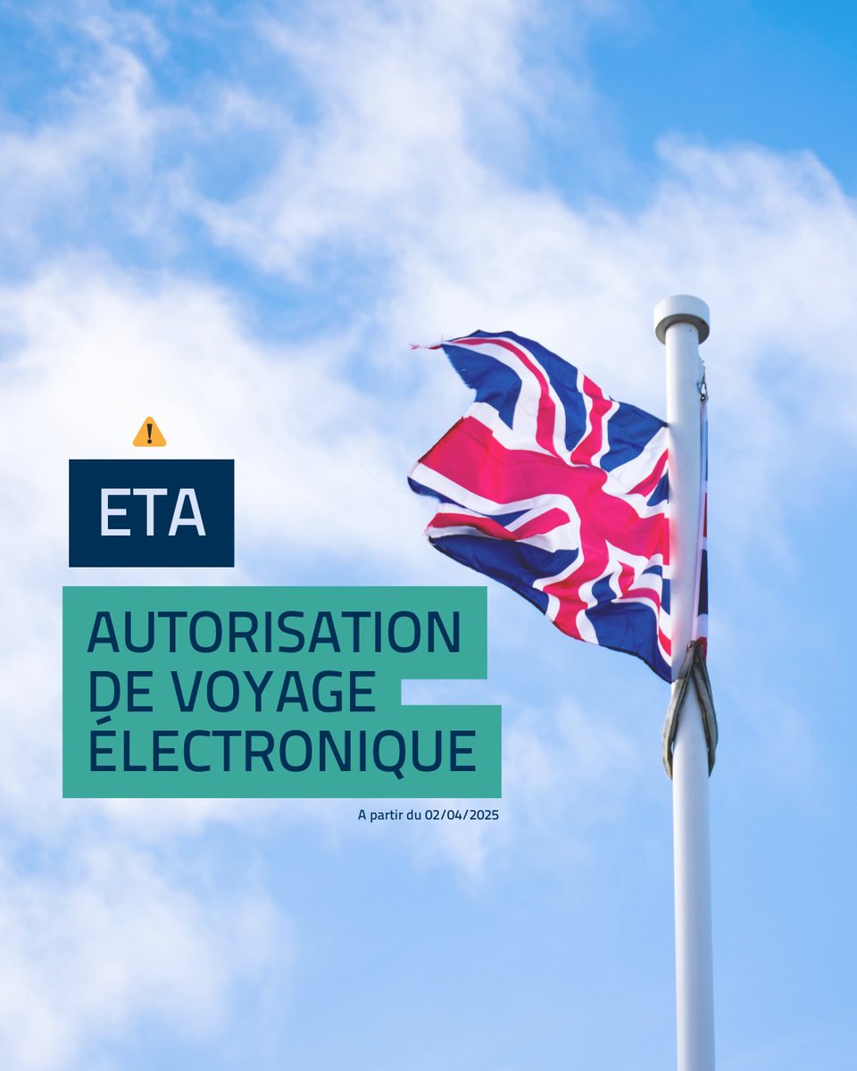 À partir du 2 avril 2025, tous les voyageurs devront obligatoirement se munir d’une autorisation de voyage électronique (AVE/ETA - Electronic Travel Authorisation) pour se rendre au Royaume-Uni.
Plus d'infos bergerac.aeroport.fr/uk-evisa-eta/