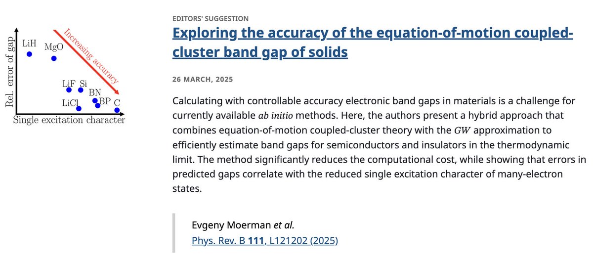 Physical Review B (@physrevb) on Twitter photo PRB Editors' Suggestion: Exploring the accuracy of the equation-of-motion coupled-cluster band gap of #solids
E. Moerman, H. Miranda, A. Gallo et al.
Phys. Rev. B 111, L121202
➡️ go.aps.org/3Xu1JkP
#PRBLetter #OpenAccess #EdSugg <a href="/APSPhysics/">American Physical Society</a> #condmat #physics <a href="/tschaefer_sc/">Tobias Schäfer</a> PRB Editors' Suggestion: Exploring the accuracy of the equation-of-motion coupled-cluster band gap of #solids
E. Moerman, H. Miranda, A. Gallo et al.
Phys. Rev. B 111, L121202
➡️ go.aps.org/3Xu1JkP
#PRBLetter #OpenAccess #EdSugg <a href="/APSPhysics/">American Physical Society</a> #condmat #physics <a href="/tschaefer_sc/">Tobias Schäfer</a>