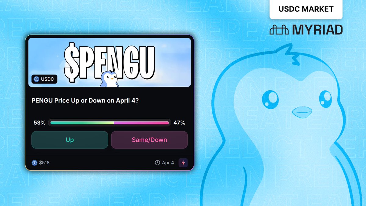 🚨  NEW USDC MARKET

[ CRYPTO ]   PENGU PRICE ACTION, 24 HOUR.
PENGU Price, Up or Down on April 4th?