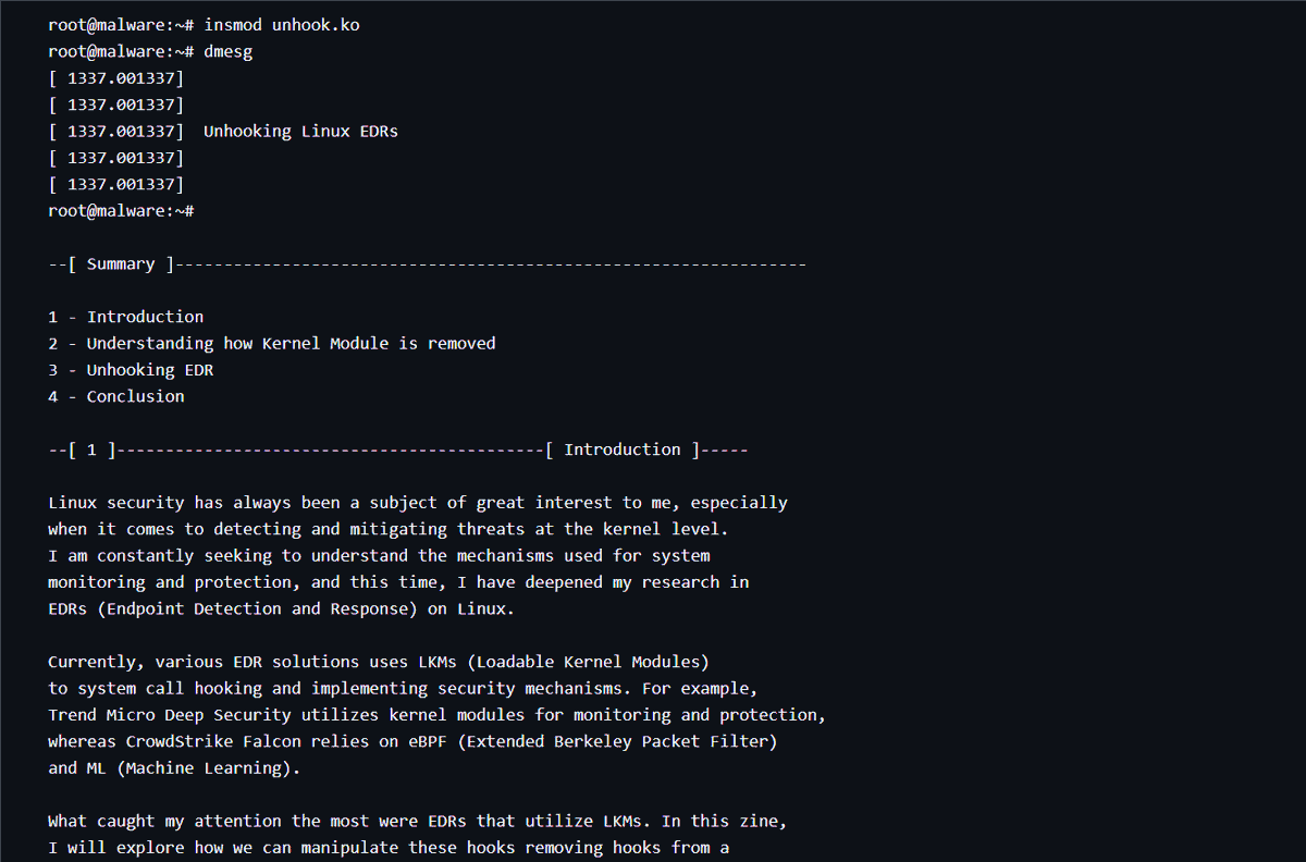 MatheuzSecurity's tweet image. github.com/MatheuZSecurit…
Hey guys, I posted a really cool zine in pure TXT about Unhooking Linux EDR, attacking the cleanup_module function, to be able to remove any hook from an EDR for example. Feel free to read.