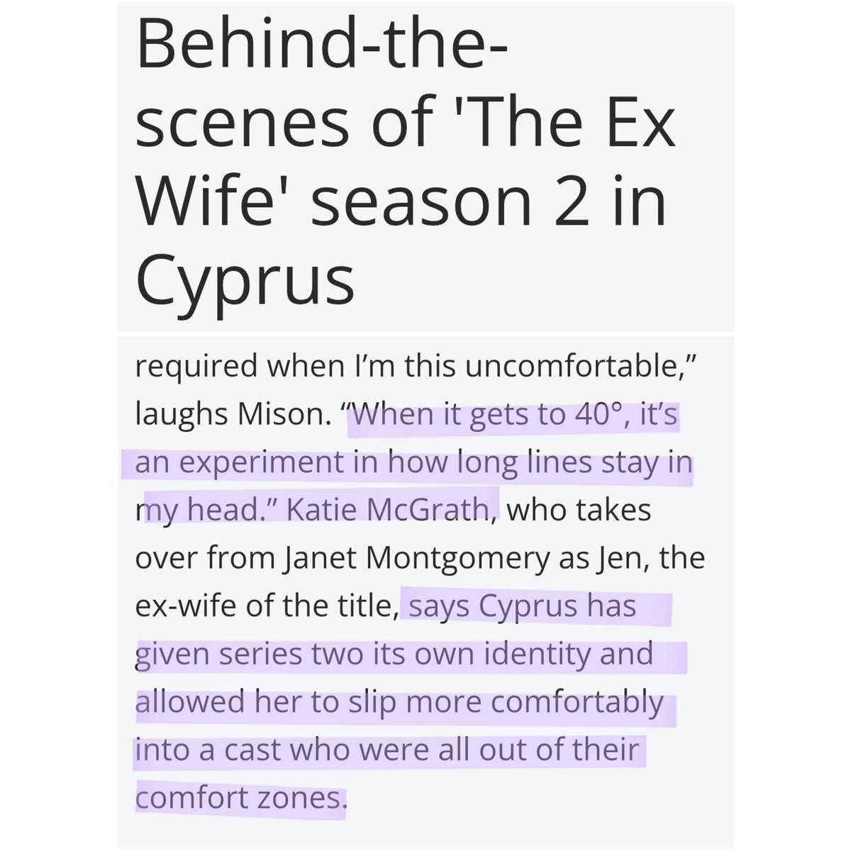DerpSwan's tweet photo. ✨️ NEW INTERVIEW FOR THE-EX WIFE!!! ✨️
Here's all Katie's parts where she discusses shooting in the heat, exploring Cyprus, and being on her game all day 🥹🥹 https://t.co/O2NxaGWQWX