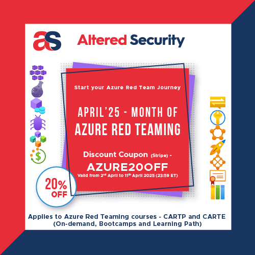 Our 'Month of Azure Red Teaming' is now live. Get 20% discount on <a href="/AlteredSecurity/">Altered Security</a> Azure Red Team courses. 

Use AZURE20OFF in the cart.

Includes on-demand courses, bootcamps and Learning path. 

alteredsecurity.com/online-labs

#redteam #Azure #Pentesting