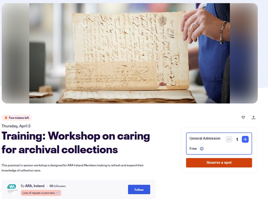 ARA Ireland (@araireland) on Twitter photo Folks, we have had 2 spots open up for our workshop tomorrow <a href="/NARIreland/">National Archives, Ireland</a>. If anyone is interested in attending, see the Eventbrite link, or contact us directly at info@araireland.ie
eventbrite.co.uk/e/training-wor… Folks, we have had 2 spots open up for our workshop tomorrow <a href="/NARIreland/">National Archives, Ireland</a>. If anyone is interested in attending, see the Eventbrite link, or contact us directly at info@araireland.ie
eventbrite.co.uk/e/training-wor…