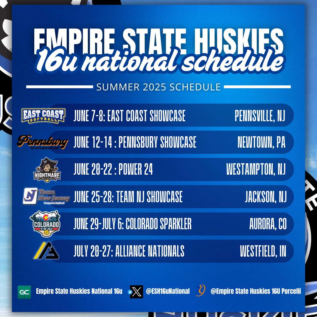 Empire State Huskies 16u National (@esh16unational) on Twitter photo Looking forward to SUMMER! Prepping for a great season competing against the best and showcasing our talent in front of a wonderful audience of college programs! #GDTBAH
<a href="/CoachJoeHuskies/">Joe Porcelli</a> <a href="/CoachPenny_OLY/">Penny Rosario Roberts</a> <a href="/Johnknopf10/">John Knopf</a> <a href="/EStateHuskies/">Empire State Huskies</a> <a href="/LineDsoftball/">Line Drive Media</a> <a href="/ExtraInningSB/">EXTRA INNING SOFTBALL</a> <a href="/los_stuff/">Carlos Arias</a> Looking forward to SUMMER! Prepping for a great season competing against the best and showcasing our talent in front of a wonderful audience of college programs! #GDTBAH
<a href="/CoachJoeHuskies/">Joe Porcelli</a> <a href="/CoachPenny_OLY/">Penny Rosario Roberts</a> <a href="/Johnknopf10/">John Knopf</a> <a href="/EStateHuskies/">Empire State Huskies</a> <a href="/LineDsoftball/">Line Drive Media</a> <a href="/ExtraInningSB/">EXTRA INNING SOFTBALL</a> <a href="/los_stuff/">Carlos Arias</a>