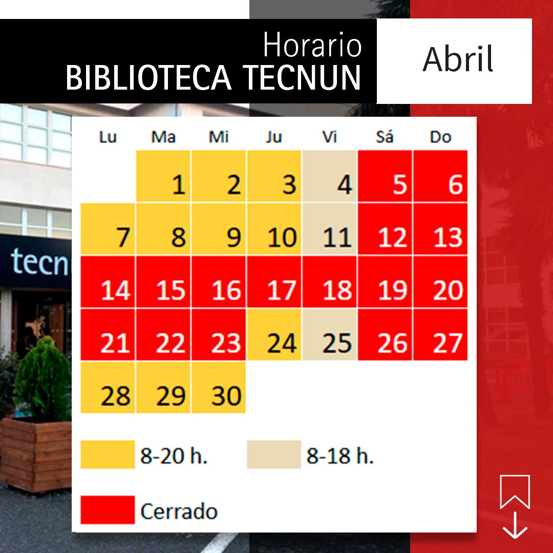 Consulta el 🗓️ horario de la Biblioteca <a href="/tecnun/">Tecnun</a>, del campus San Sebastián, durante el mes de abril.

🔗unav.edu/web/biblioteca…

#HorarioBiblioteca #Abril2025