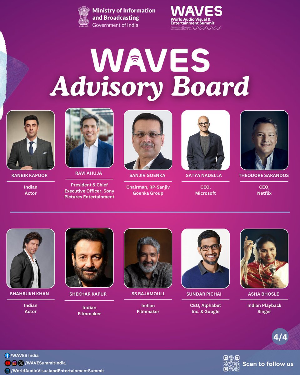 Presenting the WAVES Advisory Board.

Uniting influential leaders from technology, business &amp; entertainment, it is all set to drive innovation.

Register at: wavesindia.org

#CreateInIndiaChallenge #WAVES #WAVES2025 #WAVESIndia #WAVESummit #WAVESummitIndia