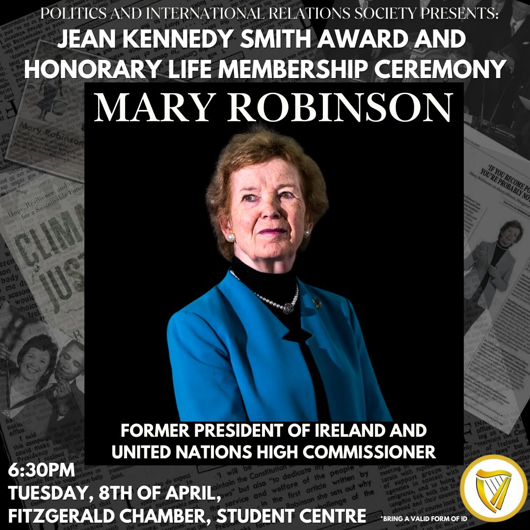 We're absolutely delighted to announce that we will be presenting our Jean Kennedy Smith Award and HLM to former president and UN High Commissioner, Mary Robinson! Join us next Tuesday at 6:30pm in the FitzGerald Chamber for this conferring ceremony, free tickets in bio! 💙💛