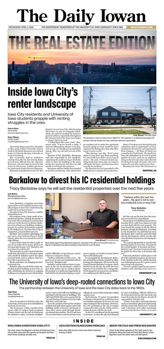 TheDailyIowan's tweet image. Today&apos;s Real Estate Edition: April 2, 2024 🏡

Check out this week&apos;s special real estate package with DI Staff taking a deeper look at Iowa City&apos;s land ownership, renters&apos; experience, eviction cases, and more on newsstands and at dailyiowan.com today!