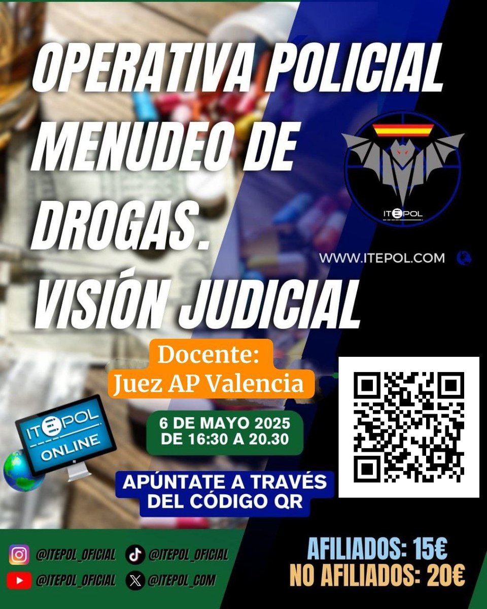 ITEPOL_COM's tweet image. 🚔 Nuevo curso: OPERATIVA POLICIAL MENUDEO DE DROGAS – VISIÓN JUDICIAL 💊⚖️
🗓️ 6 de mayo | 16:30-20:30
💻 Modalidad: ZOOM (directo o diferido)
📚 Visión práctica, sentencias, atestados y claves para actuar con seguridad jurídica.
🔗 Inscríbete: forms.gle/3dzu5Eqm8mGXfk…
#ITEPOL