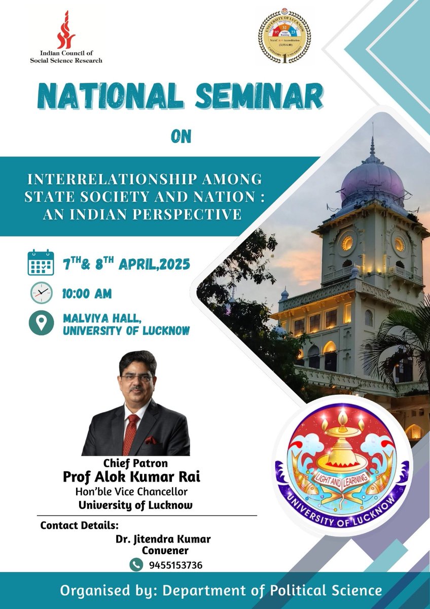 Join us for a National Seminar on "Interrelationship among State, Society, and Nation: An Indian Perspective"! 
🗓️ Date: 7th &amp; 8th April
Engage with experts and explore India's unique state-society dynamics. 
Don’t miss out! #StateSocietyNation #IndianPerspective #Seminar #India