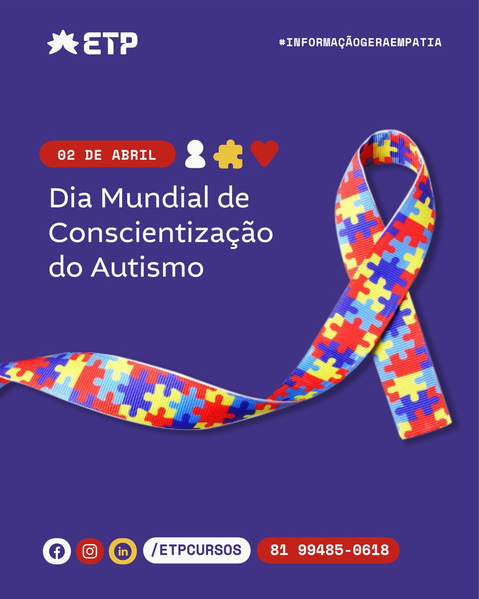 etpcursos's tweet photo. O mês de abril fala sobre a conscientização do Autismo. 🌈

Abraçamos a causa hoje e durante o ano todo, porque a educação profissional se constrói de mãos dadas, rumo às conquistas.🌟👨‍🎓

O seu sonho, dá uma história de sucesso. 🌟📘

#etpcursos #etp15anos #diadoautismo #autismo https://t.co/Qyd01JHc2P