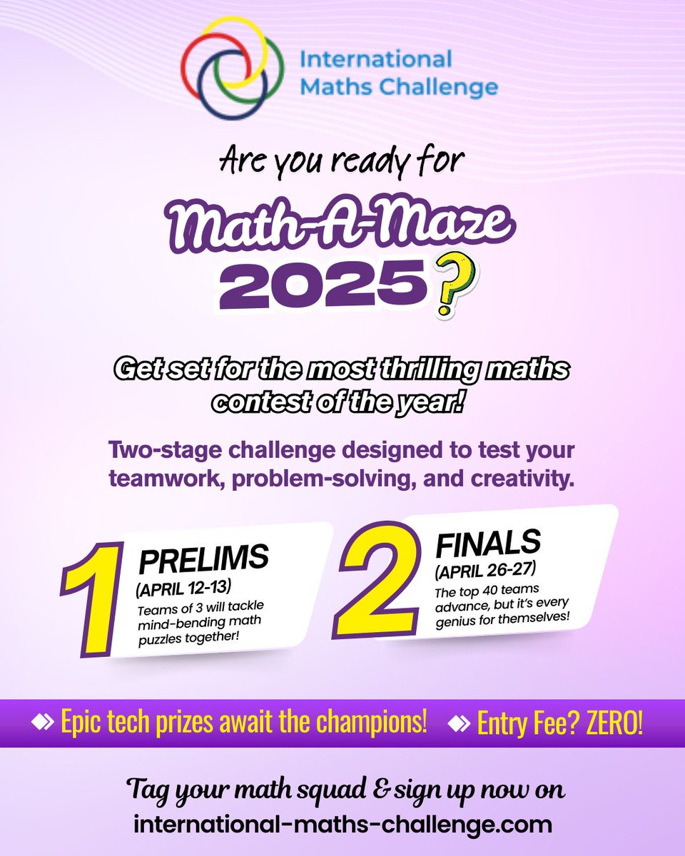 imochallenge's tweet image. The most exciting math contest is here! Get your kids ready to take on the Math-A-Maze Challenge 2025 📐
Register now—it’s FREE!
📅 April 12-13: Prelims ✅ April 26-27: Finals 🏆
🔗Sign up now on international-maths-challenge.com/math-a-maze/
#mathamaze #mathcontest #contest