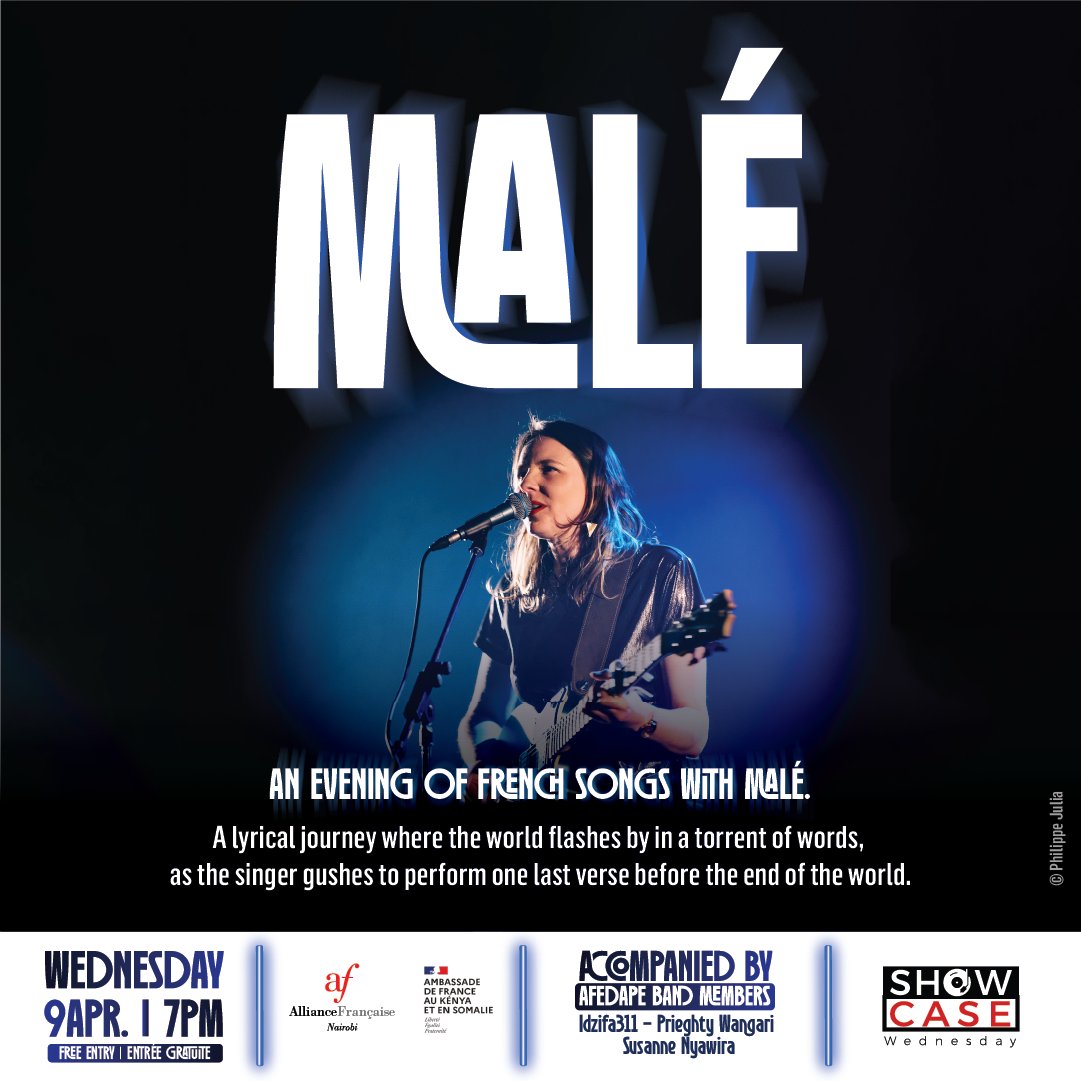 AFKenya's tweet photo. French singer, Malé strikes a chord of defiance and longing, with her mahogony guitar and her tempestuous voice.  She will be accompanied by three @afedape_official band members: Idzifa311, Prieghty Wangari &amp; Susanne Nyawir, in what promises to be a blazing performance. 🎸🎶 https://t.co/HytceWsPO9