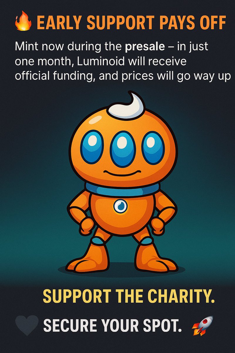 🚨 Don’t miss the presale!
In one month, Luminoid will be funded, and the price of NFTs will rise.
Mint now while it's cheap – support the mission and invest early! 💎🙌
#luminoinft #NFT #charity #wlspot #minting #Presale