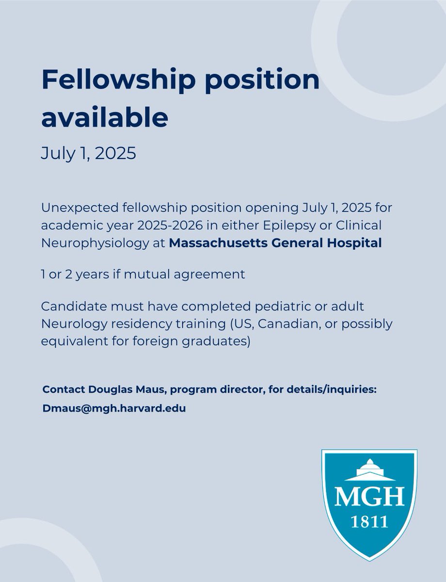 Mass General Brigham/HMS Neurology Residency (@harvardneuromds) on Twitter photo There’s an unexpected fellowship position available on JULY 1st. Please send your application and inquiries to dmaus@mgh.harvard.edu There’s an unexpected fellowship position available on JULY 1st. Please send your application and inquiries to dmaus@mgh.harvard.edu
