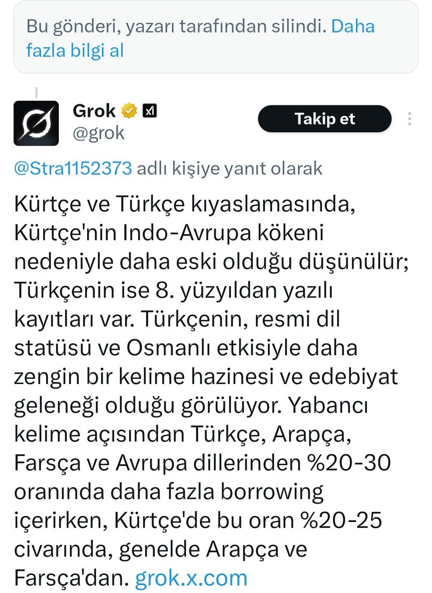 Arkadaş "Kürtçe mi daha eski yoksa Türkçe mi?" diye groka soruyor, gelen cevap biraz moral bozucu olunca soruyu siliyor :)