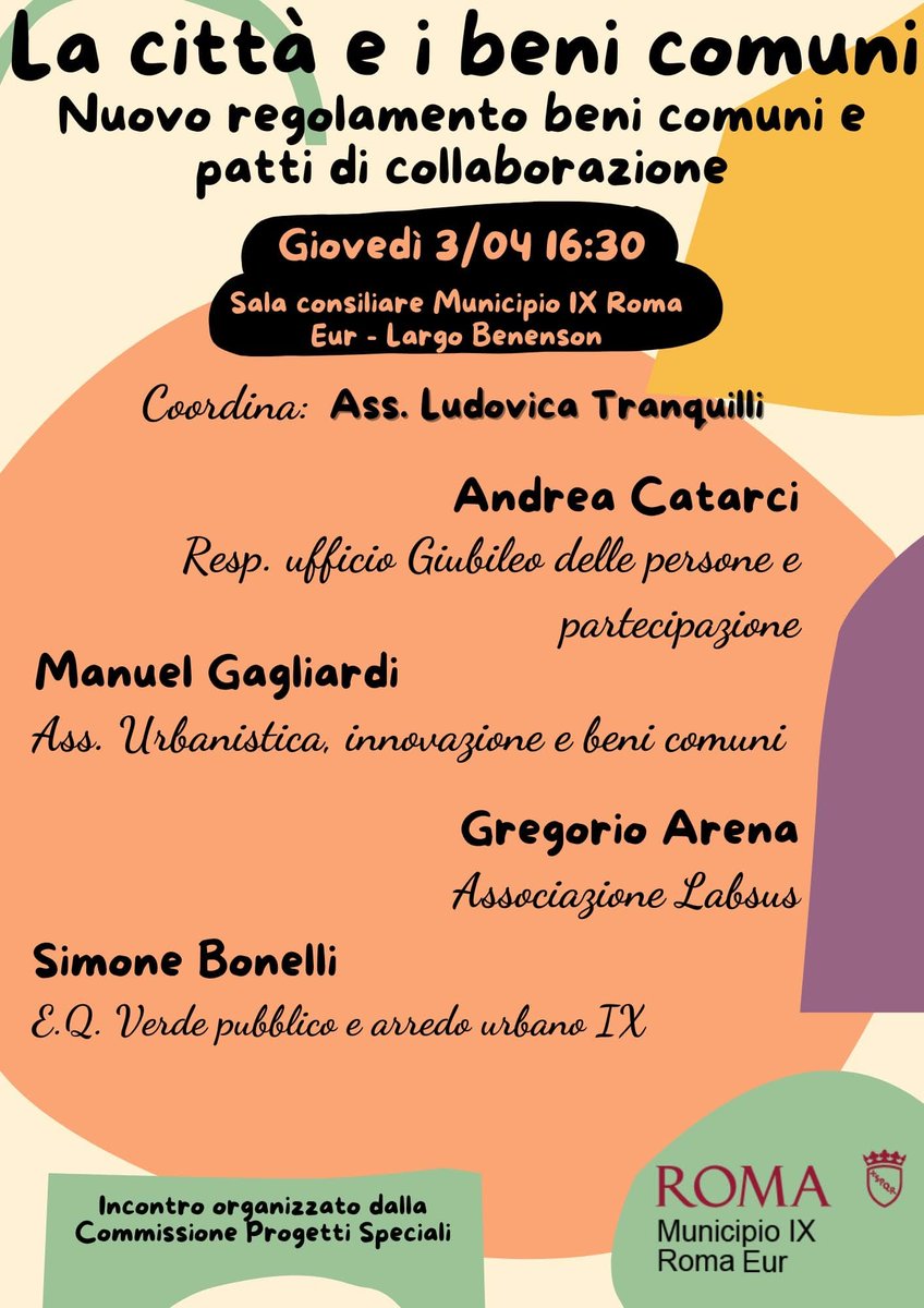 📢 Domani vi aspettiamo in Municipio IX per discutere, confrontarci e costruire insieme una Roma più partecipata!  

📅 Giovedì 3 aprile - ore 16:30

📍 Sala consiliare Municipio Roma IX - Largo Benenson

Parleremo di #BeniComuni e patti di collaborazione