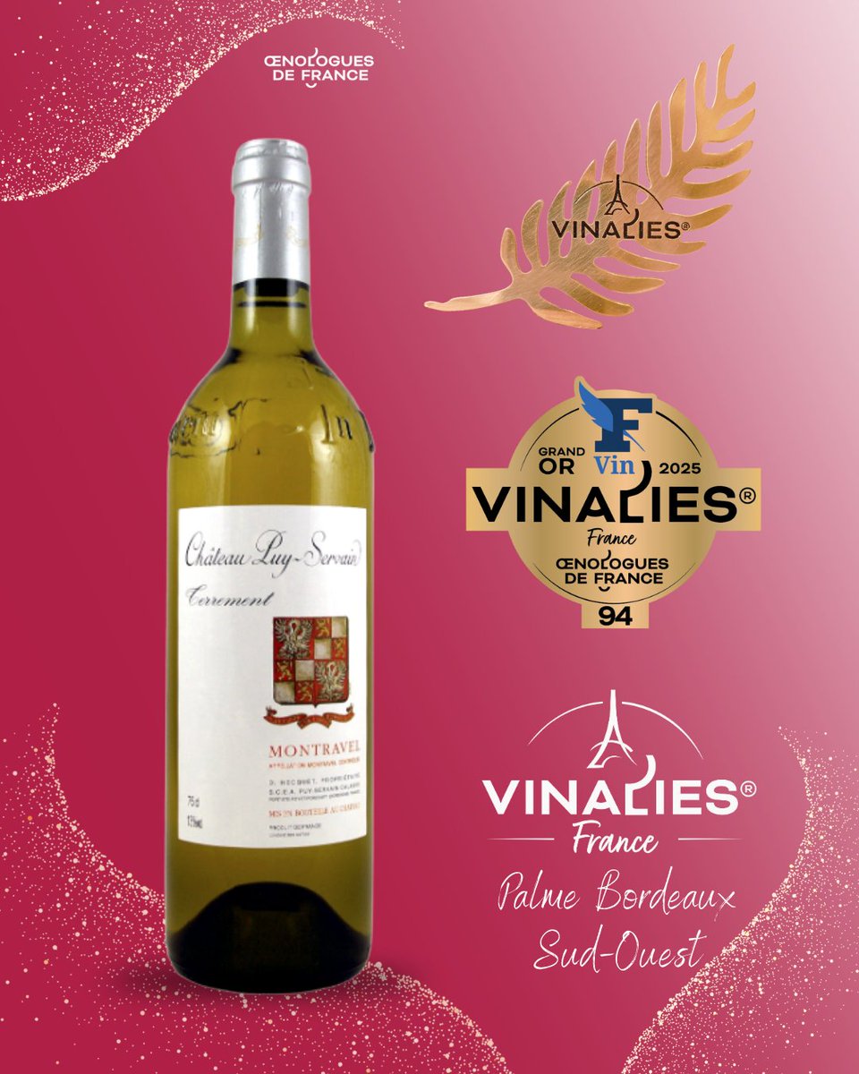 Palmes Vinalies France les meilleurs vins Grand Or de la compétition. Palme Bordeaux Sud-Ouest &gt; Château Puy Servain : Montravel Terrement, AOP Montravel - Blanc, 2024
<a href="/lefigarovin/">Le Figaro Vin</a> <a href="/VinsdeBordeaux/">Les Vins de Bordeaux 🍇</a> 
#vinaliesfrance #Bordeaux