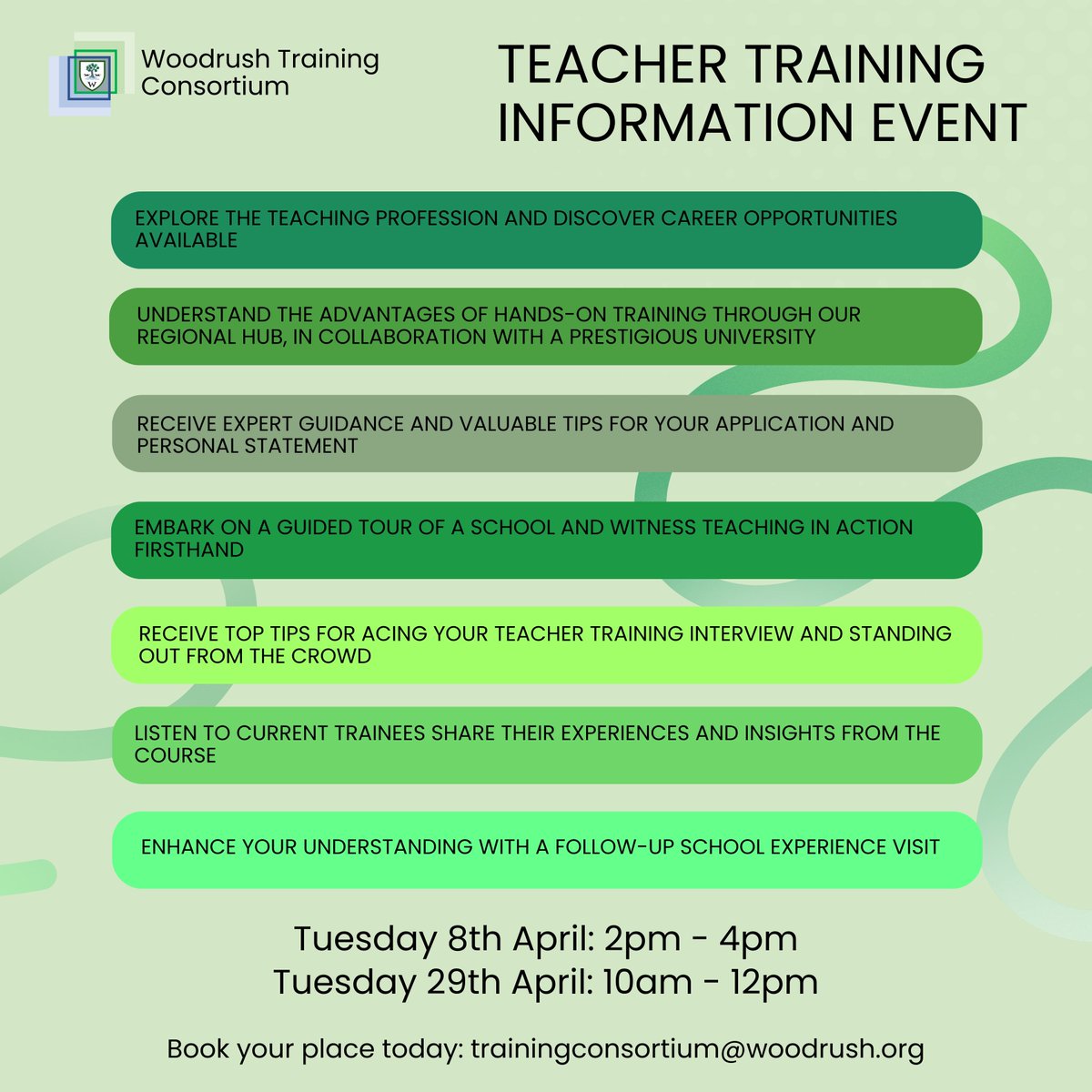 Woodrush Training Consortium (@woodrushtc) on Twitter photo 🌟 Ready to Inspire the Future? 🌟
We’re excited to invite all aspiring teachers to our Information Sessions this April! ✏️📚
Insightful discussions, career tips, and answers to all your questions!  8th & 29th April. Simply email us to reserve your spot! <a href="/getintoteaching/">Teaching</a> 🌟 Ready to Inspire the Future? 🌟
We’re excited to invite all aspiring teachers to our Information Sessions this April! ✏️📚
Insightful discussions, career tips, and answers to all your questions!  8th & 29th April. Simply email us to reserve your spot! <a href="/getintoteaching/">Teaching</a>