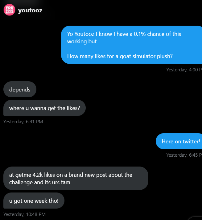 SamMultivers's tweet photo. Hey everyone! So I need help reaching 4.2k likes to get a Youtooz Goat Simulator plushie!

Like and retweet so I get more chance to get it

Goal: 4.2 K likes! https://t.co/nVA3614W3n