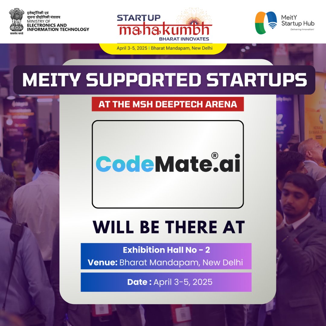 CodeMateAI's tweet image. Launching @CodeMateAI 3.0 officially at #StartupMahakumbh happening tomorrow in Delhi, India.

@GoI_MeitY 

Come say Hi at our booth at Hall number 2 if you&apos;re around👋