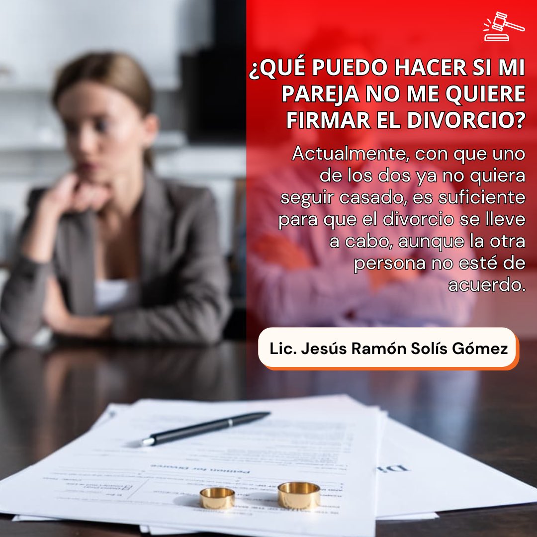 ¿Qué puedo hacer si mi pareja no me quiere firmar el #divorcio?
Actualmente, con que uno de los dos ya no quiera seguir casado, es suficiente para que el divorcio se lleve a cabo, aunque la otra persona no esté de #acuerdo.