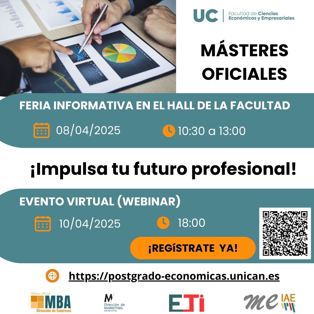 ¡Jornadas de presentación de los Másteres Oficiales! Tanto en formato presencial (7 de abril) como online (10 de abril), os informaremos de los posgrados en las áreas de #empresa, #marketing, #tic y #economía.