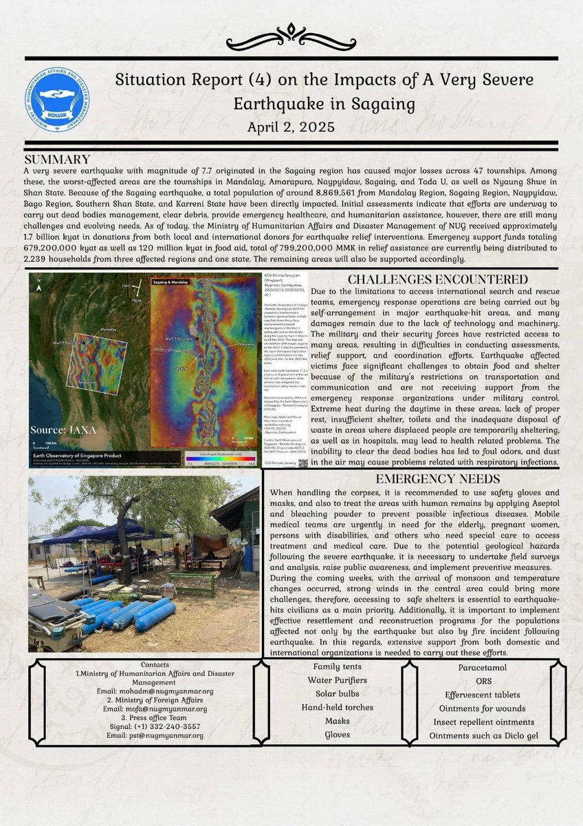 NUGMyanmar's tweet image. Situation Report (4) of @mohadmNUG on the Impacts of 7.7M Earthquake, 28 March 2025, in Sagaing #Myanmar 
April 2, 2025
#HelpMyanmarQuake 
#MyanmarStillNeedsHelp 
#NUGMyanmar