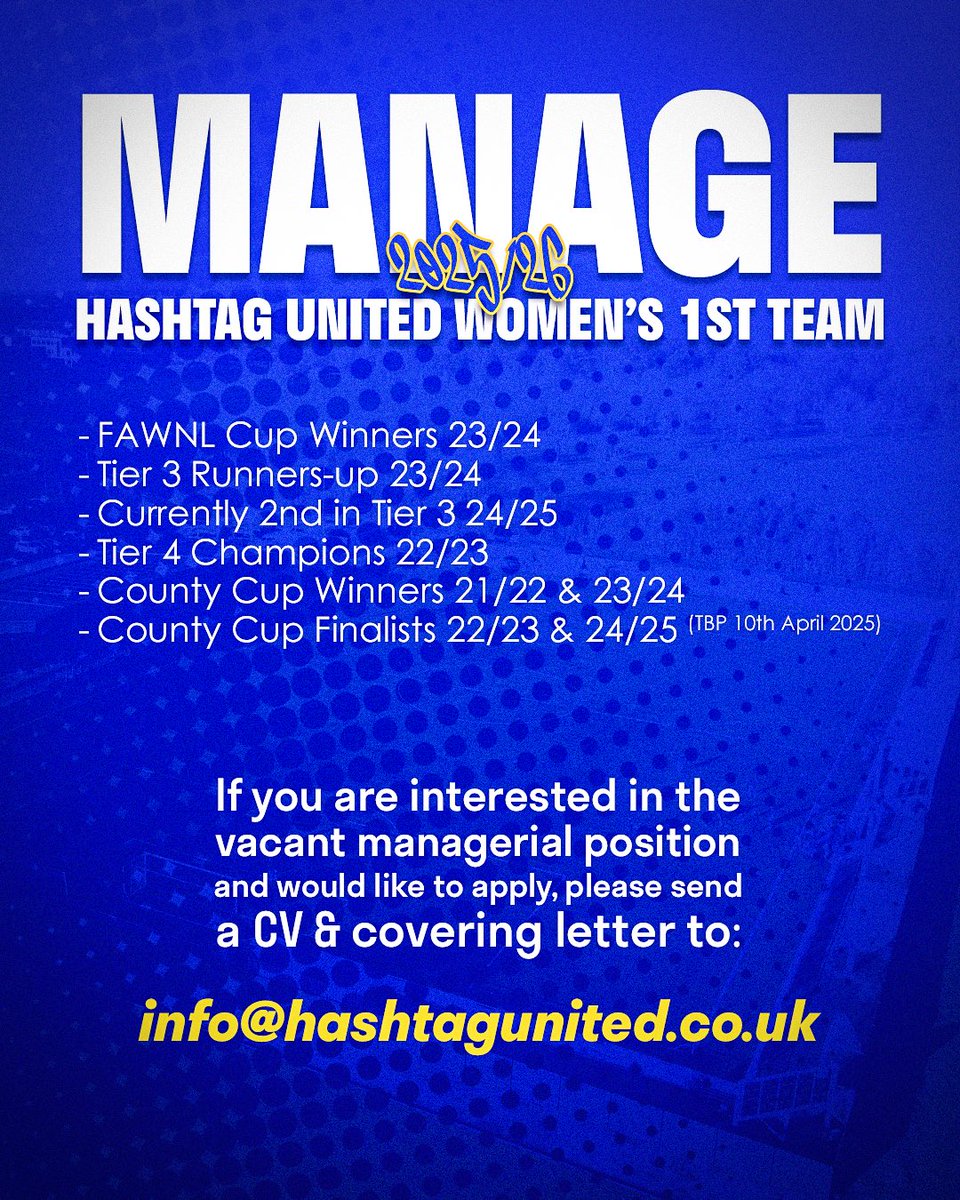 Hashtag United (@hashtagutd) on Twitter photo 🚨 APPLICANTS WELCOME
We will be starting the recruitment process for a new manager immediately and more information will follow. In the meantime we’d ask any interested parties to email info@hashtagunited.co.uk with a CV and covering letter.
Up the Tags #️⃣ 🚨 APPLICANTS WELCOME
We will be starting the recruitment process for a new manager immediately and more information will follow. In the meantime we’d ask any interested parties to email info@hashtagunited.co.uk with a CV and covering letter.
Up the Tags #️⃣