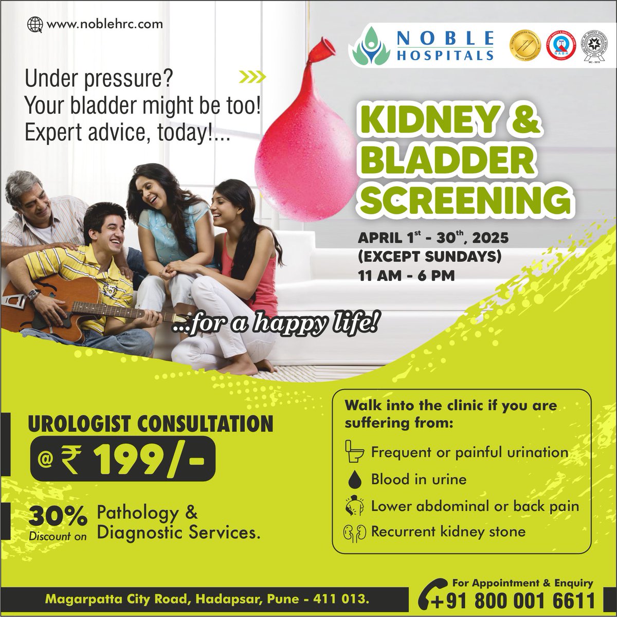 HospitalsNoble's tweet image. Kidney &amp;amp; Bladder Screening – Urologist Consultation at ₹199/-
April 1st – 30th, 2025 (Except Sundays) | 11 AM - 6 PM
Noble Hospitals, Hadapsar, Pune
Call +91 800 001 6611 

#KidneyScreening #BladderHealth #UrologyCare #EarlyDetection
#BetterHealth #NobleHospitals