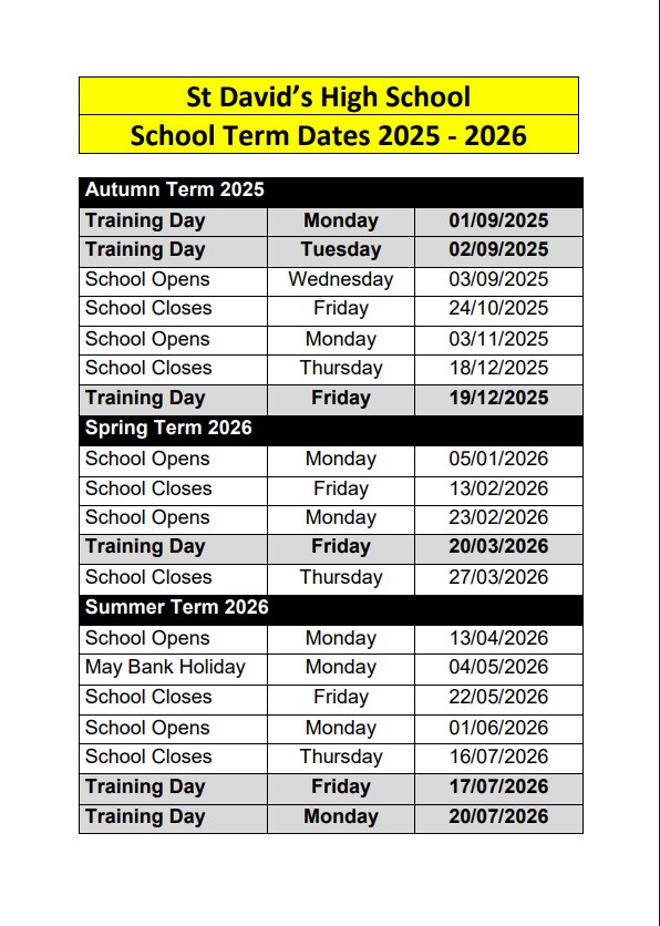 Please find below the School Term dates for 2025/26