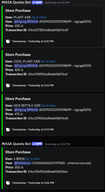 Yesterday, was a blast! 

One awesome person snagged 3 axies from our shop, while a another awesome community member scored 5 $RON. 

How, you ask? 

It’s all thanks to our wicked Discord currency—totally free to earn! Just raid some posts, jump into raffles, or check in daily,