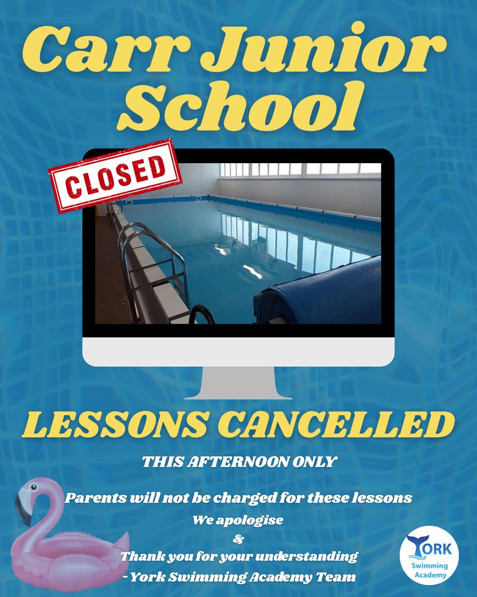 TEMPORARY CLOSURE
The Carr Junior School Swimming Pool is closed this afternoon due to an issue in the plant room. This means all lessons here are cancelled! Parents will not be charged for these lessons.
Thank you for your understanding, and we apologise for any inconvenience.