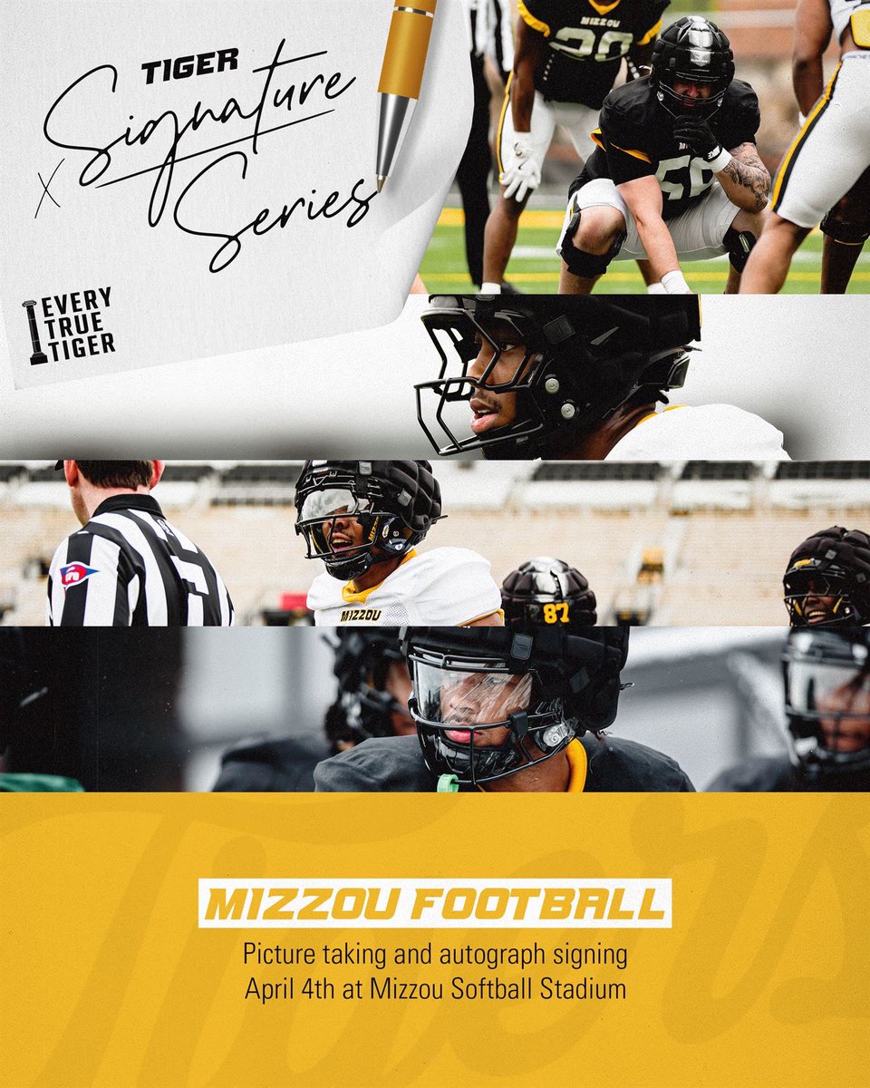 Dreyden Norwood (@dreydennorwood) on Twitter photo Tigers on the turf and now on the diamond! 🏈
Meet Mizzou
this Friday from 4:45-5:45 PM at the Mizzou Softball Stadium. Zion Young throws out the first pitch before Mizzou Softball takes on #1
Texas at 6 PM. 🥎
#SignatureSeries #ETTB #MIZ
<a href="/MizzouAthletics/">Mizzou Athletics</a>
<a href="/EveryTrueTiger/">Every True Tiger Brands</a> @Mizz Tigers on the turf and now on the diamond! 🏈
Meet Mizzou
this Friday from 4:45-5:45 PM at the Mizzou Softball Stadium. Zion Young throws out the first pitch before Mizzou Softball takes on #1
Texas at 6 PM. 🥎
#SignatureSeries #ETTB #MIZ
<a href="/MizzouAthletics/">Mizzou Athletics</a>
<a href="/EveryTrueTiger/">Every True Tiger Brands</a> @Mizz
