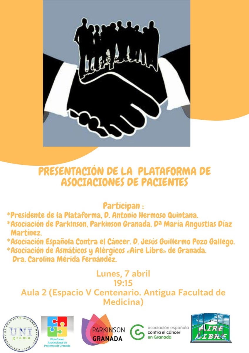 📢 Evento especial para mayores y cuidadores
🗓 Lunes 7 de abril 
⏰ 19:15h
📍 Aula 2 (Espacio V Centenario, Antigua Facultad de Medicina, UGR)
🔹 Parkinson Granada: María Angustias Díaz
🔹 AECC: Jesús Guillermo Pozo
🔹 Aire Libre: Dra. Carolina Mérida
🎟 Abierto al público