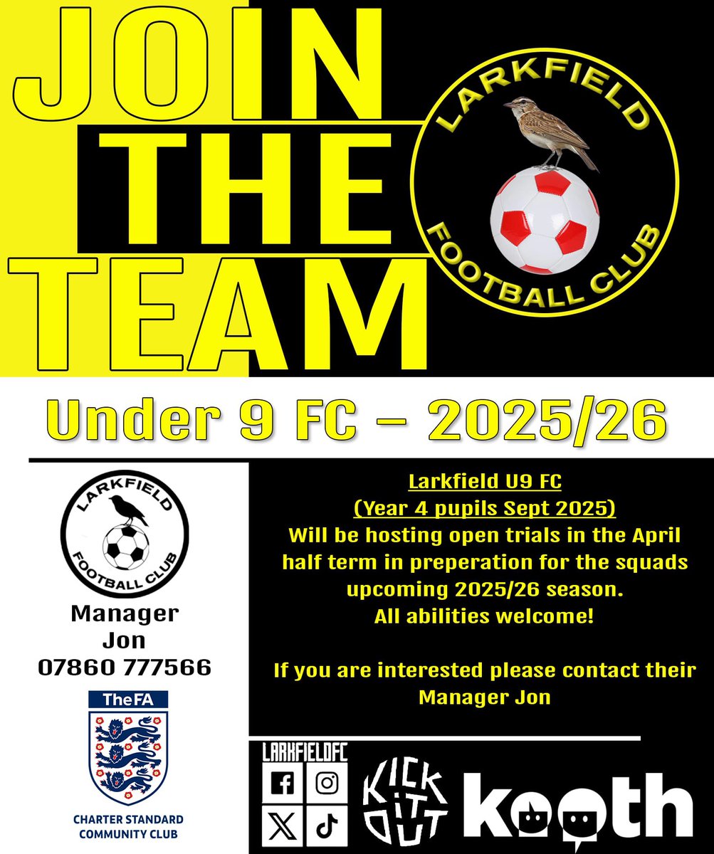 LarkfieldFC (@larkfieldfc) on Twitter photo ๐ท๐ณ๐จ๐๐ฌ๐น๐บ ๐พ๐จ๐ต๐ป๐ฌ๐ซ!
Our U9 FC team for 2025/26 season are hosting open trials in April half term in preparation for the new season.
School Year 4 from Sept 25.
If youโre interested, please contact Jon who would love to have a chat with you ๐กโซ๏ธ
#proudcommunityclub ๐ท๐ณ๐จ๐๐ฌ๐น๐บ ๐พ๐จ๐ต๐ป๐ฌ๐ซ!
Our U9 FC team for 2025/26 season are hosting open trials in April half term in preparation for the new season.
School Year 4 from Sept 25.
If youโre interested, please contact Jon who would love to have a chat with you ๐กโซ๏ธ
#proudcommunityclub